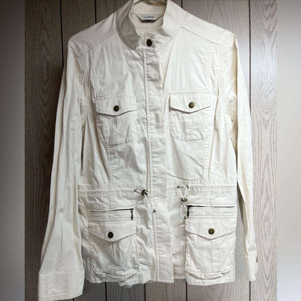 LL Bean womens Medium Reg freeport field utility jacket draw cord waist Crème